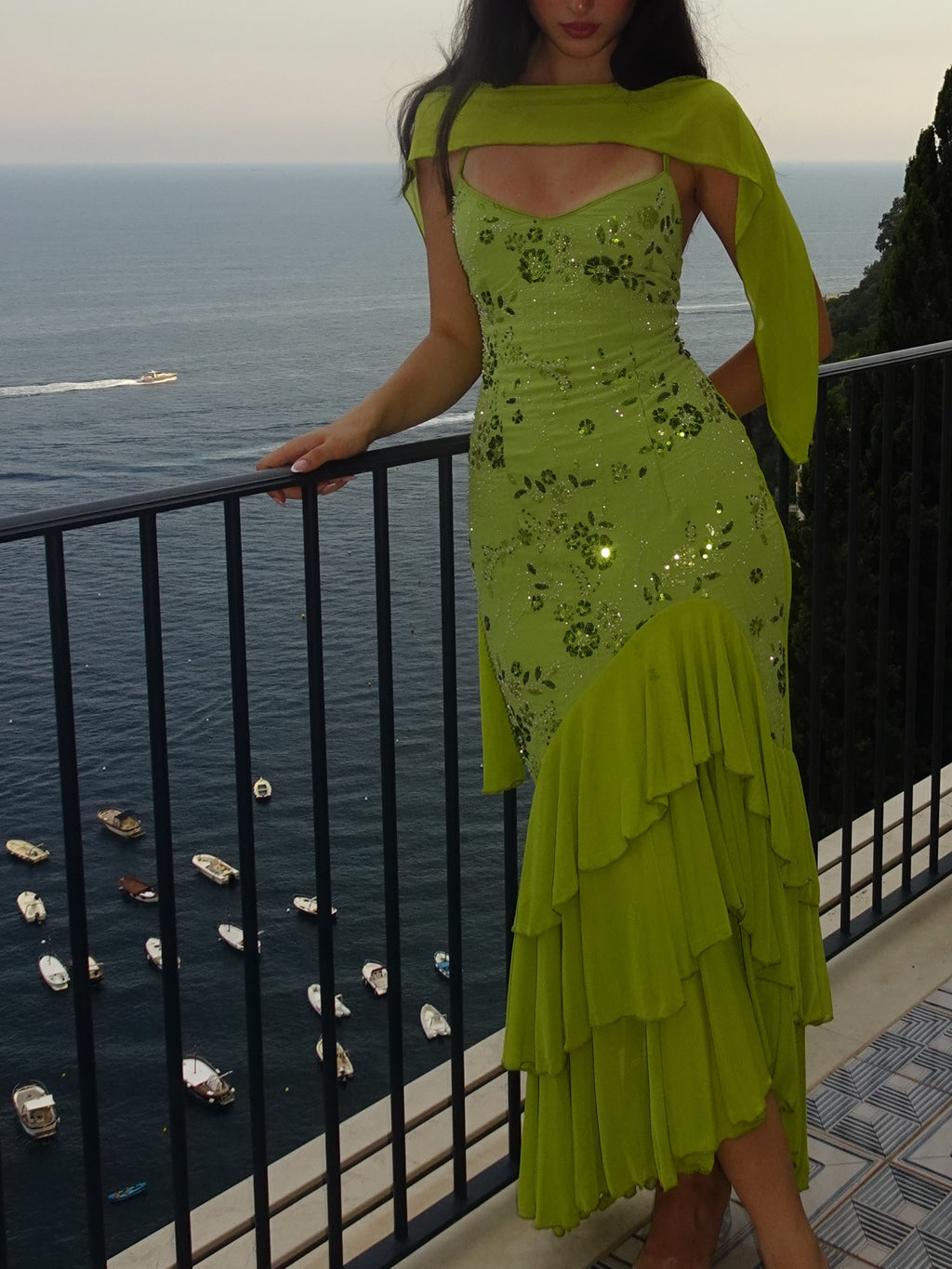 Lime Green Sequin Floral Tiered Ruffle Maxi Dress