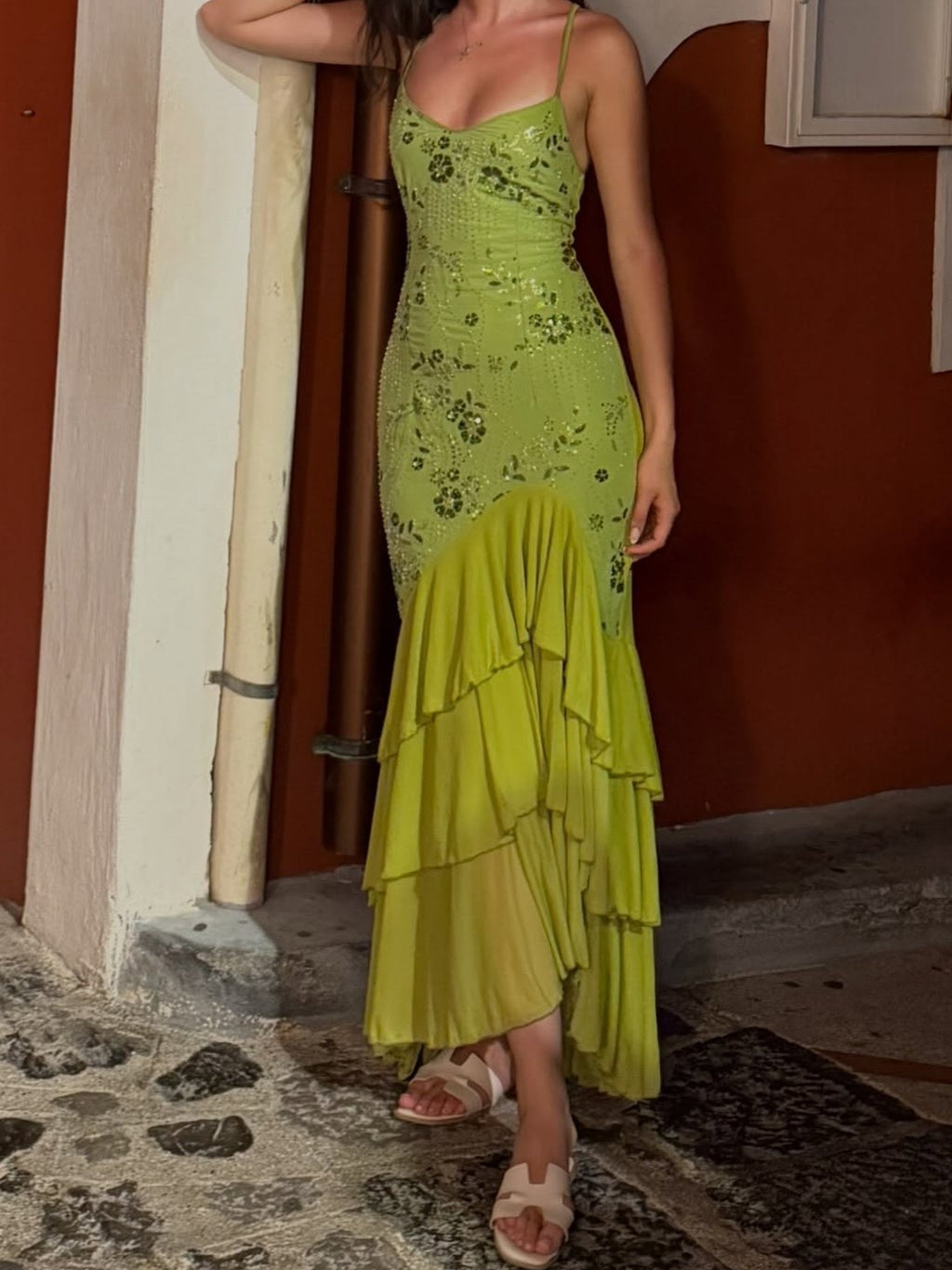 Lime Green Sequin Floral Tiered Ruffle Maxi Dress