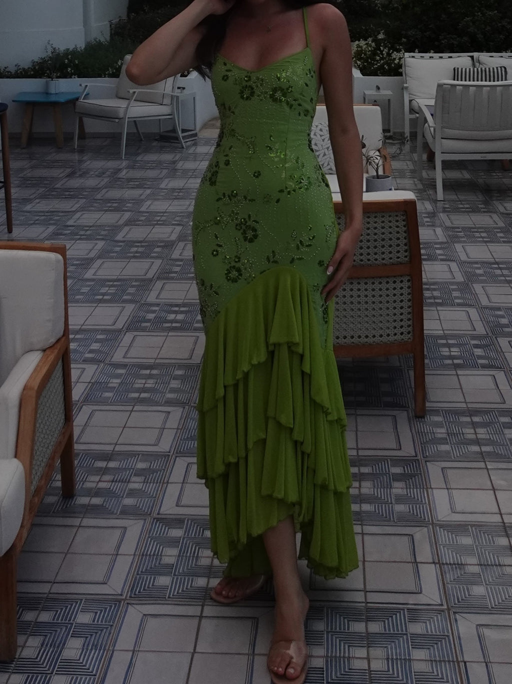 Lime Green Sequin Floral Tiered Ruffle Maxi Dress