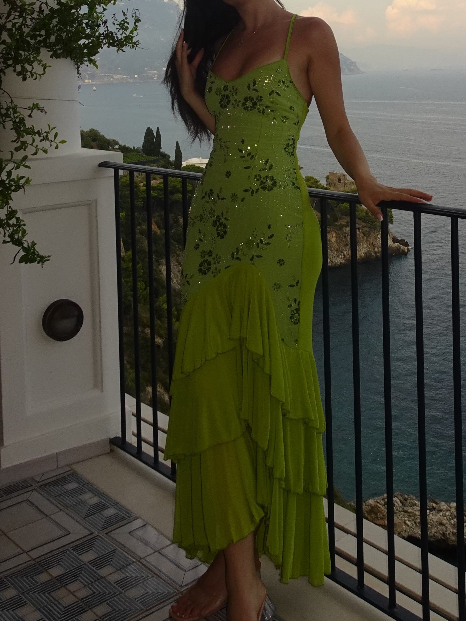 Lime Green Sequin Floral Tiered Ruffle Maxi Dress