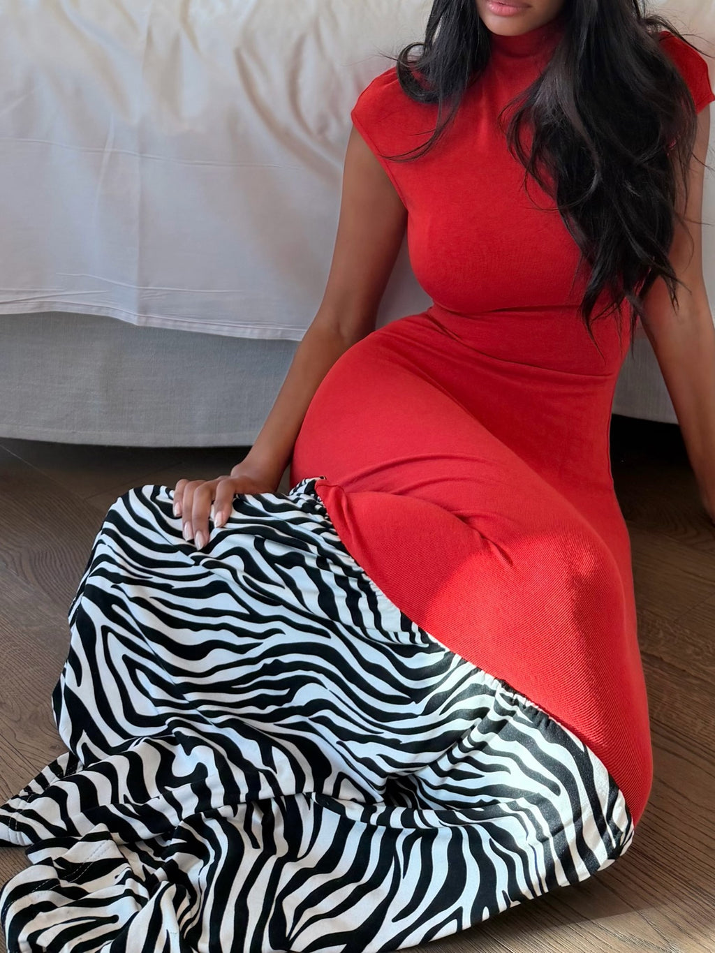 Red And Zebra Print Color-Block Maxi Dress