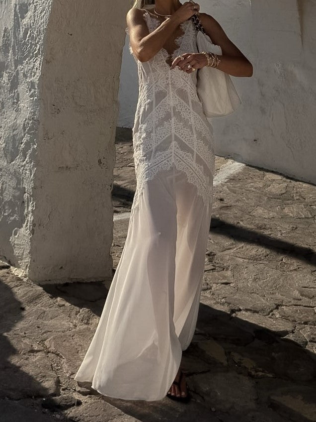 White Lace Bodice Flowy Maxi Dress