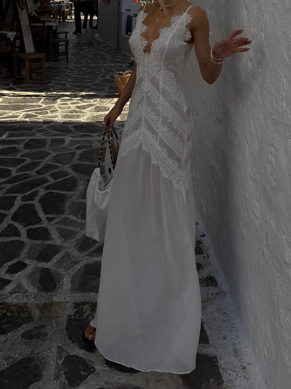 White Lace Bodice Flowy Maxi Dress
