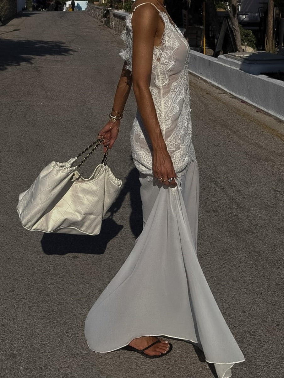 White Lace Bodice Flowy Maxi Dress