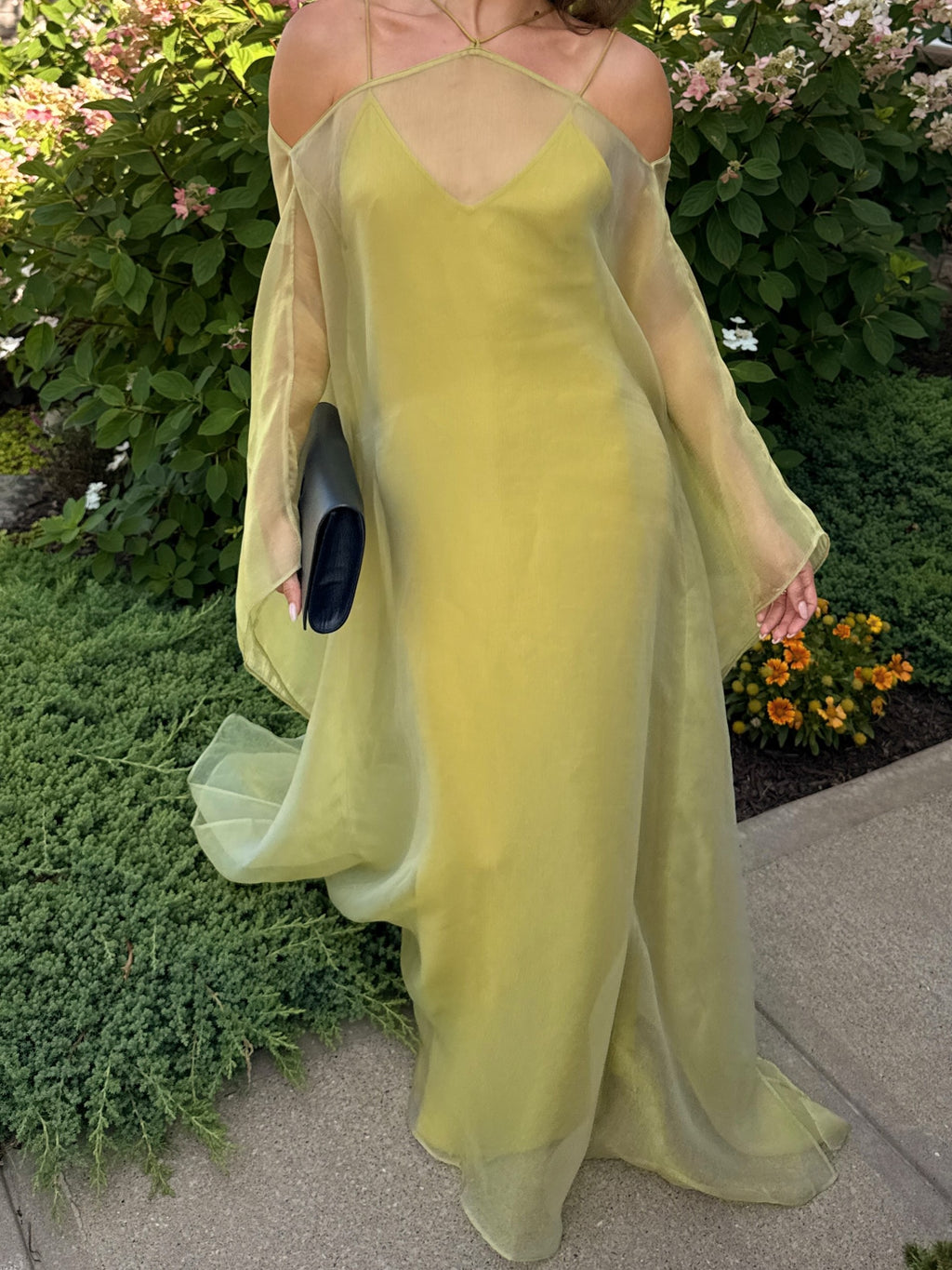 Sheer Chartreuse Cold-Shoulder Cape Maxi Dress