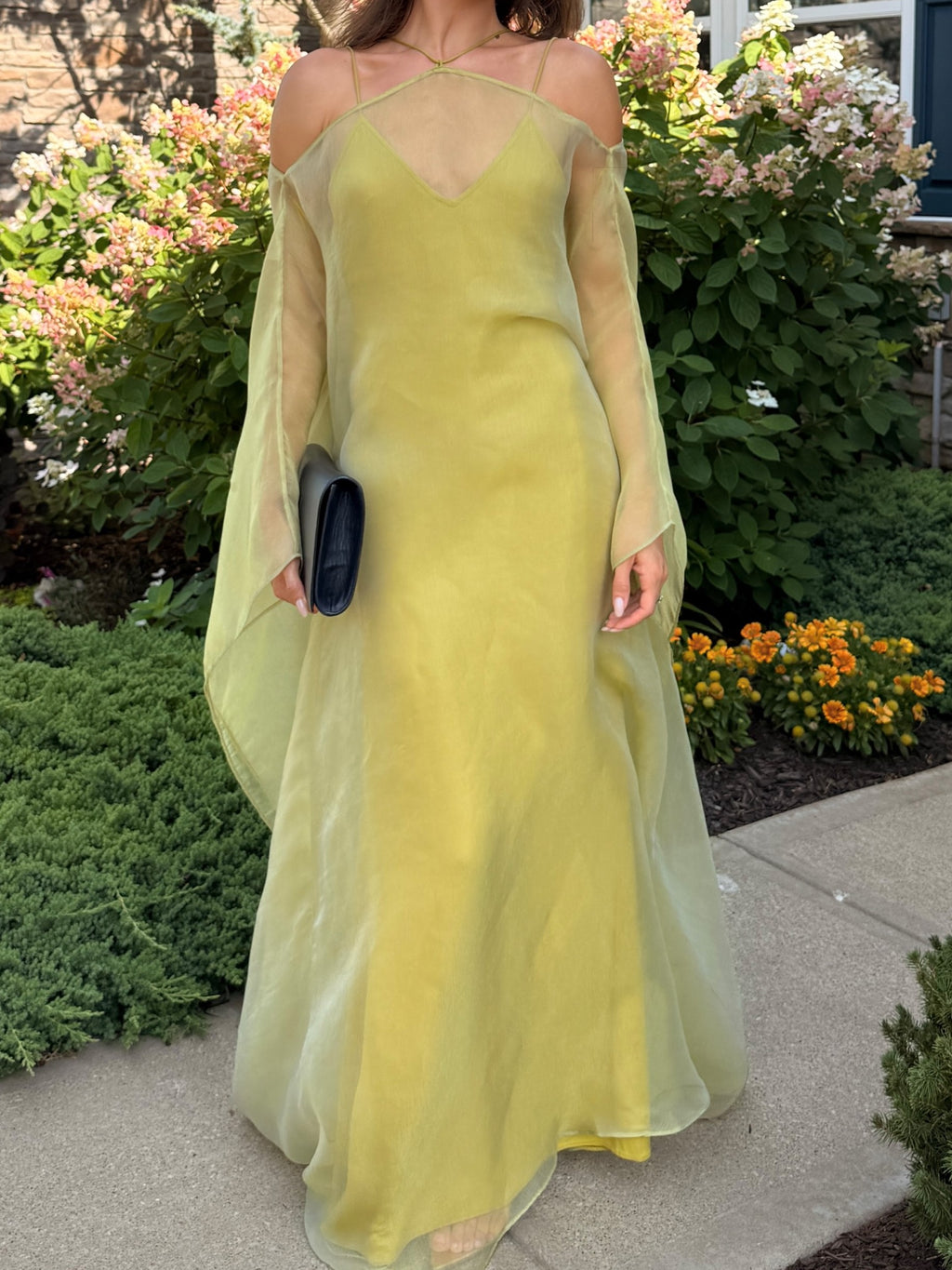 Sheer Chartreuse Cold-Shoulder Cape Maxi Dress