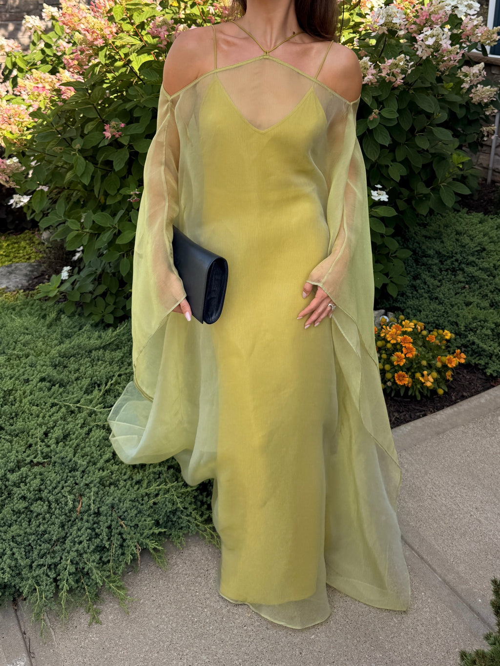 Sheer Chartreuse Cold-Shoulder Cape Maxi Dress