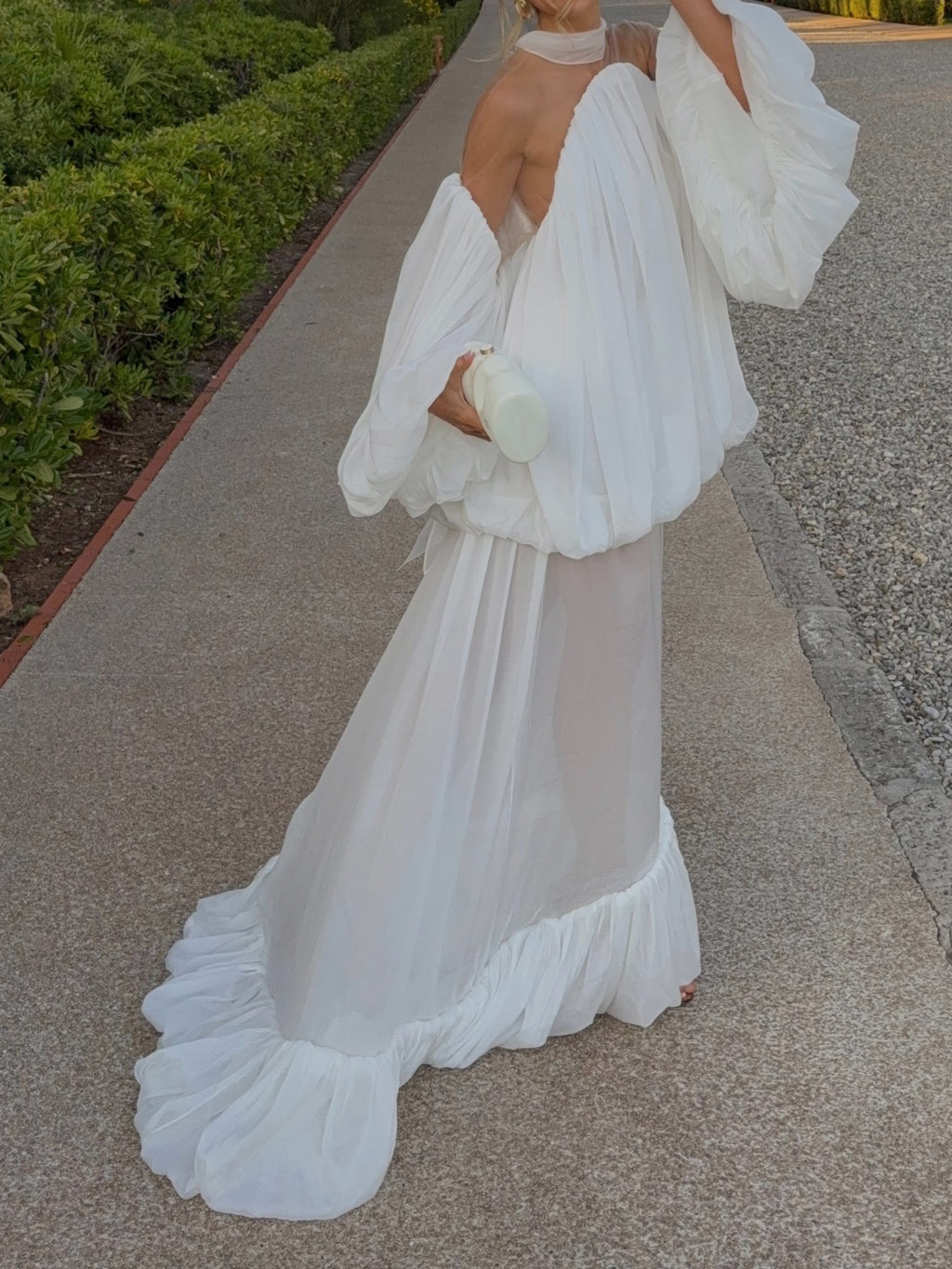 White Off-Shoulder Sheer Balloon Sleeve Maxi Dress