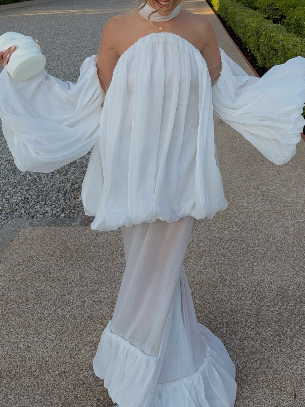 White Off-Shoulder Sheer Balloon Sleeve Maxi Dress