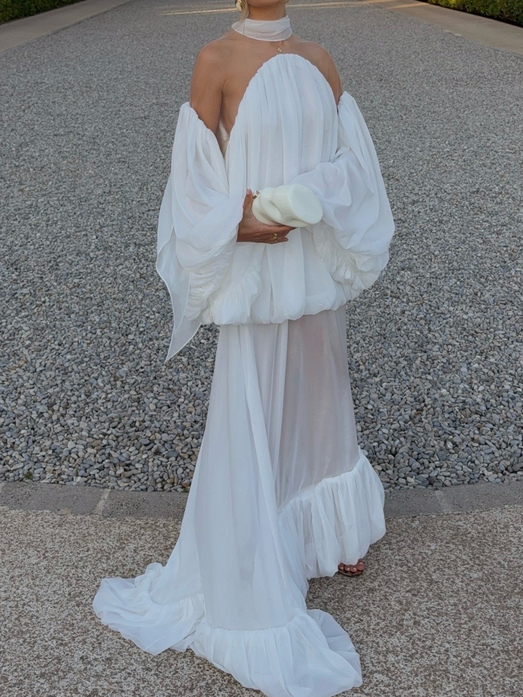 White Off-Shoulder Sheer Balloon Sleeve Maxi Dress
