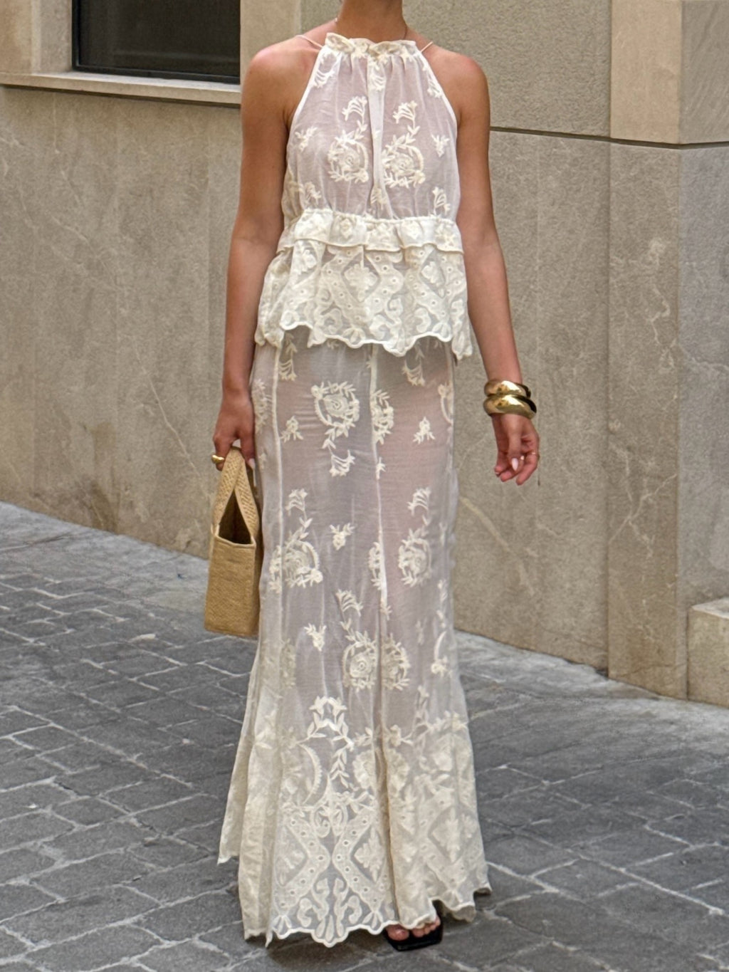 Cream Lace Halter Peplum Maxi Dress