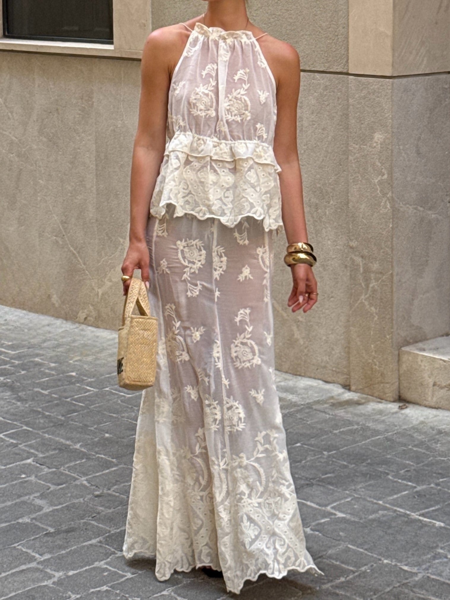 Cream Lace Halter Peplum Maxi Dress