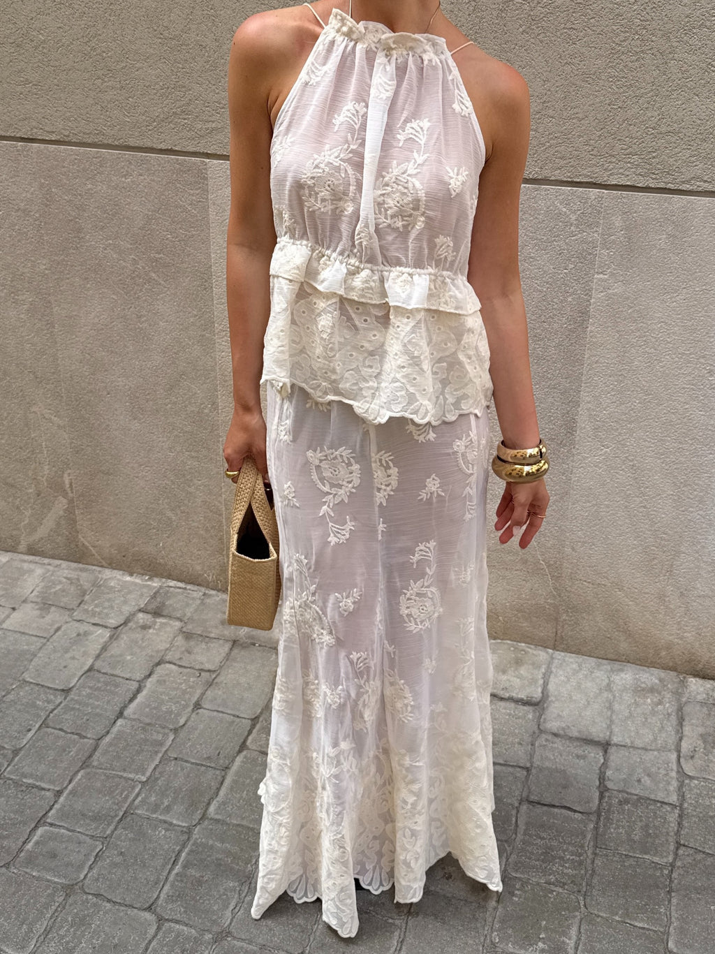 Cream Lace Halter Peplum Maxi Dress