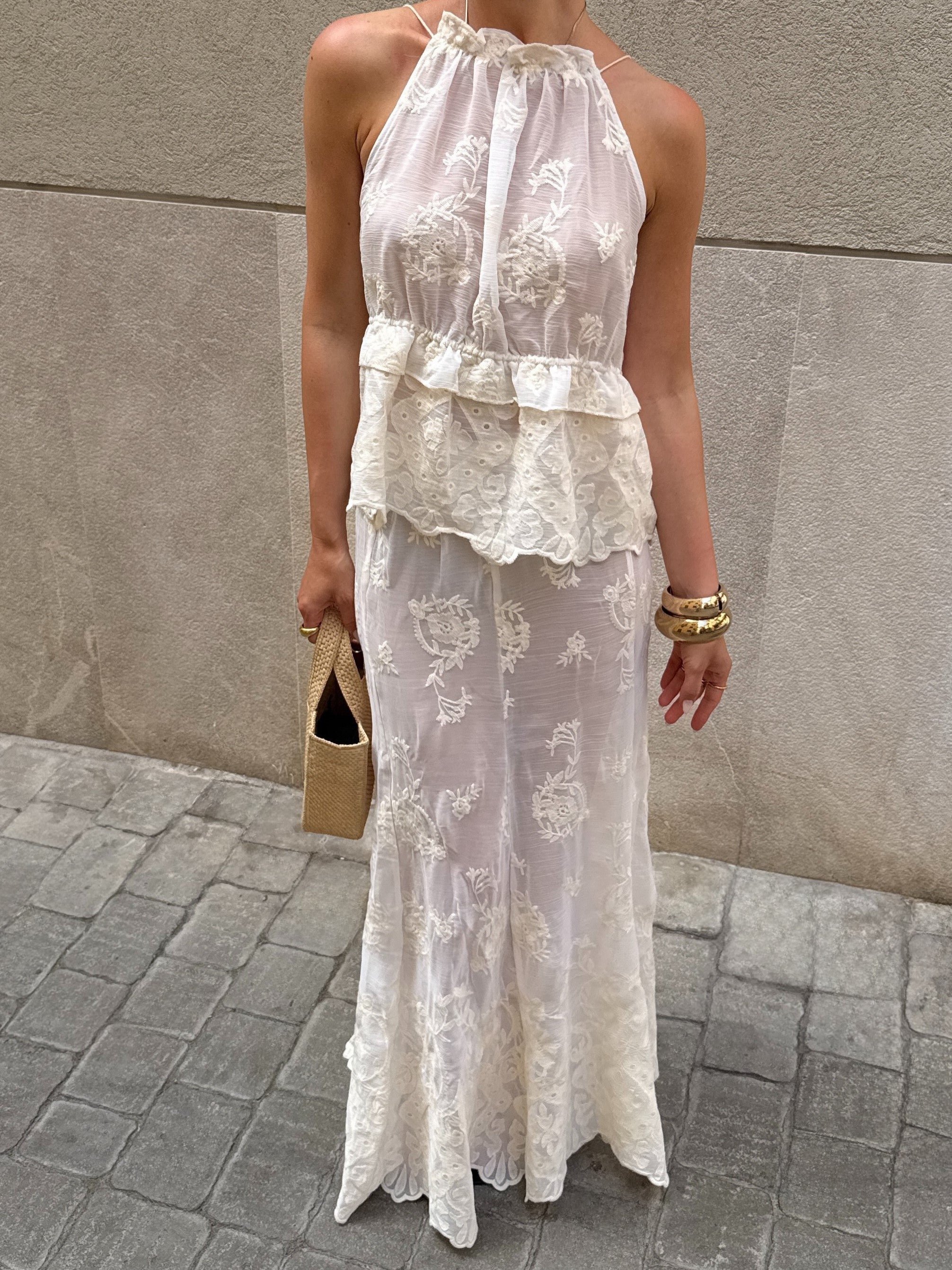 Cream Lace Halter Peplum Maxi Dress