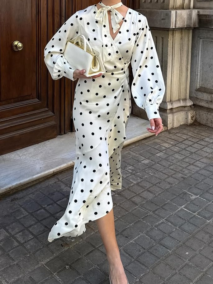 Cream Polka Dot Pussy-Bow Midi Dress