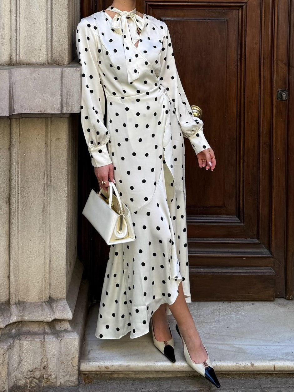 Cream Polka Dot Pussy-Bow Midi Dress