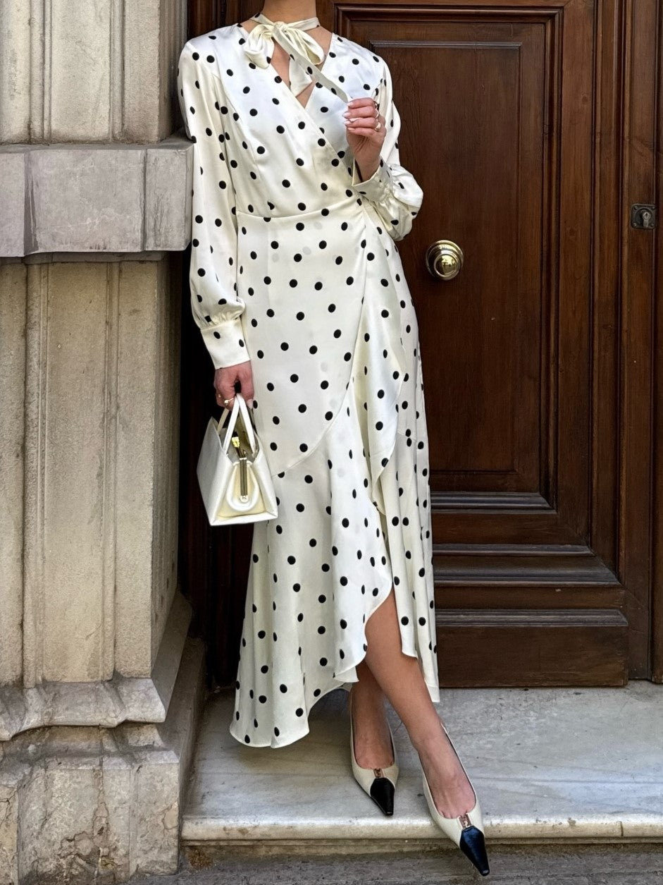 Cream Polka Dot Pussy-Bow Midi Dress