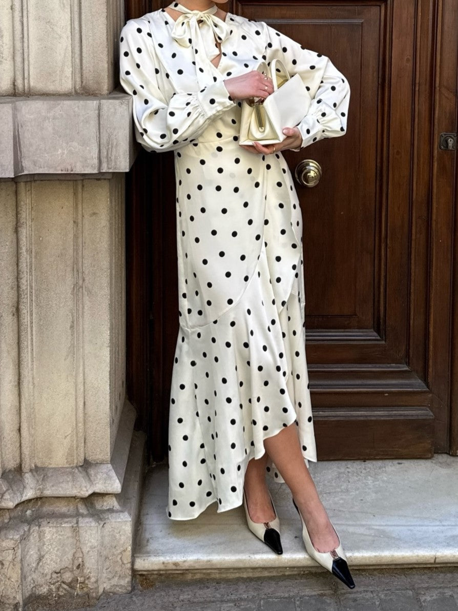 Cream Polka Dot Pussy-Bow Midi Dress