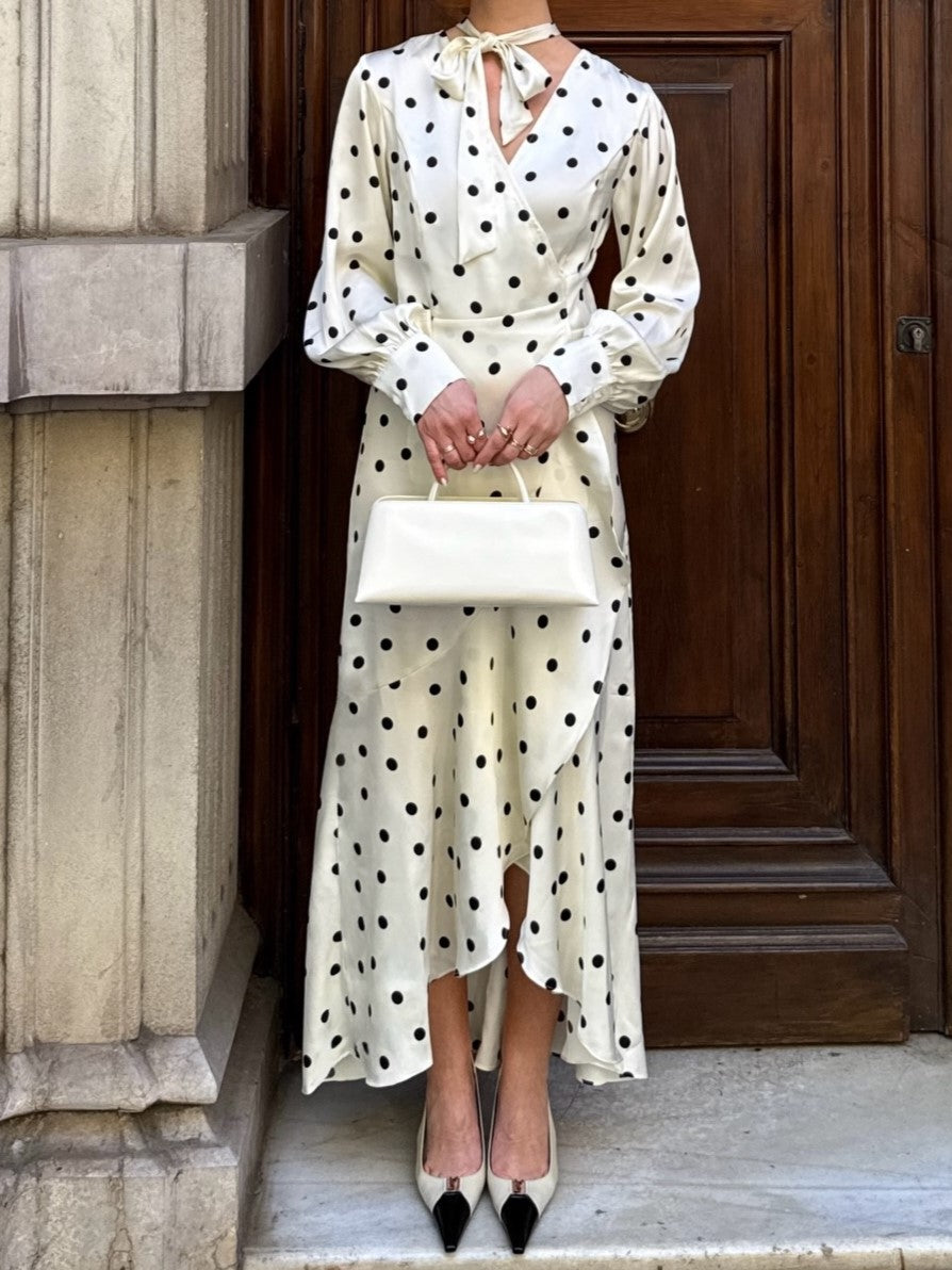 Cream Polka Dot Pussy-Bow Midi Dress