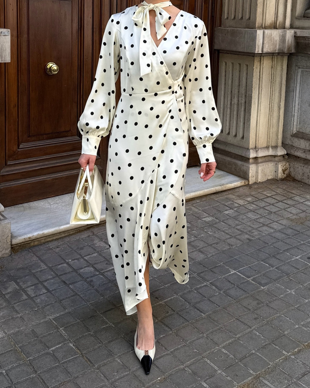 Cream Polka Dot Pussy-Bow Midi Dress