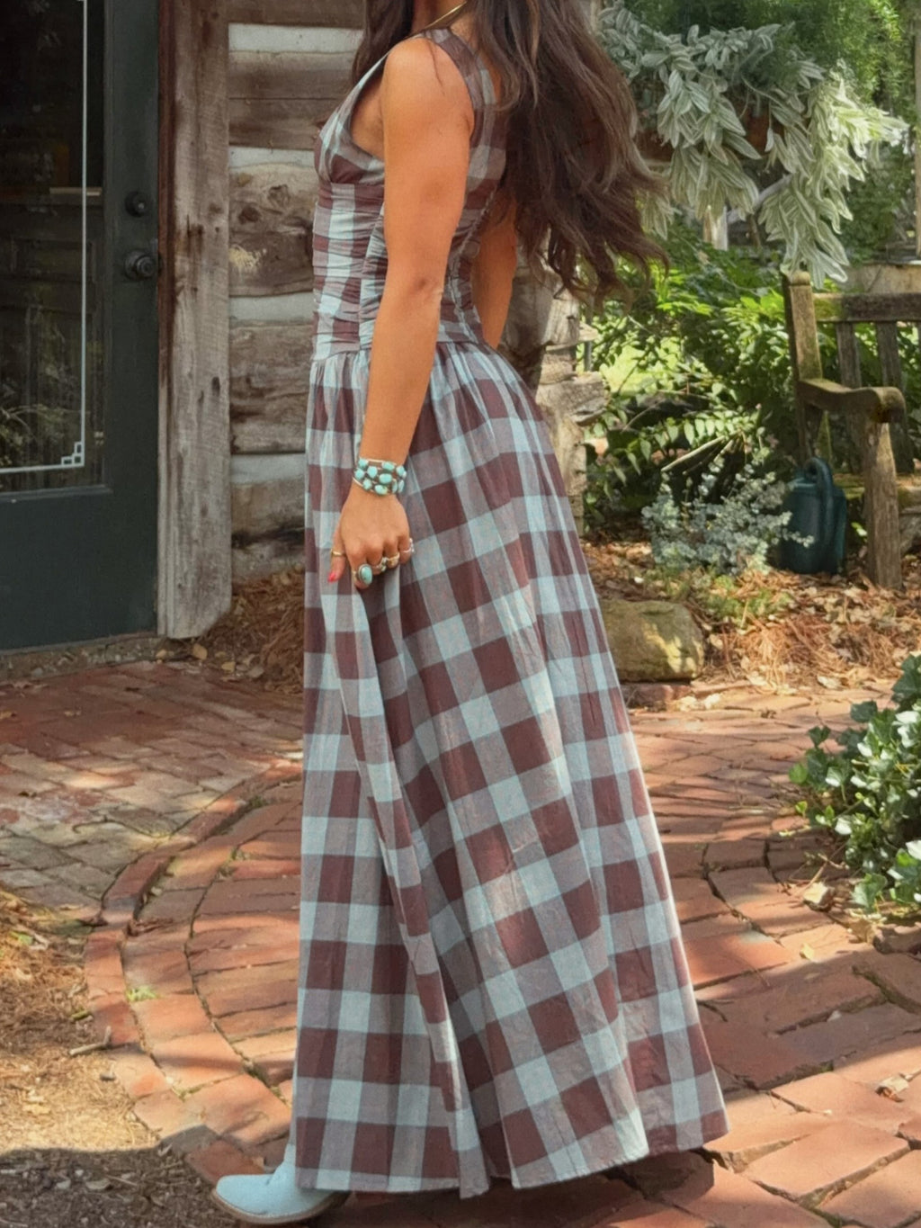 Plaid Ruched Drop-Waist Maxi Dress