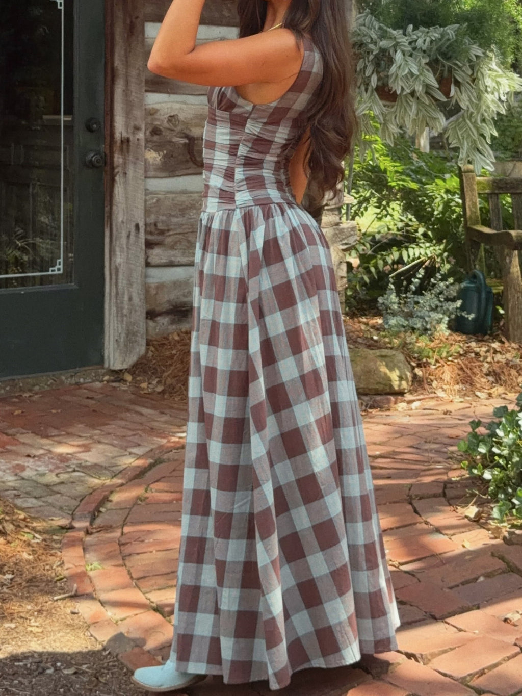 Plaid Ruched Drop-Waist Maxi Dress
