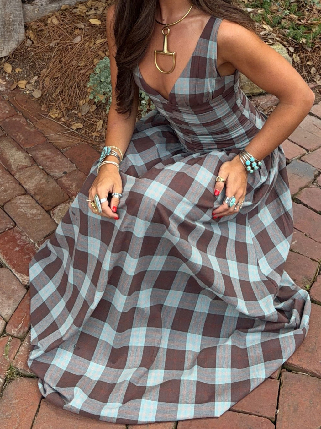Plaid Ruched Drop-Waist Maxi Dress