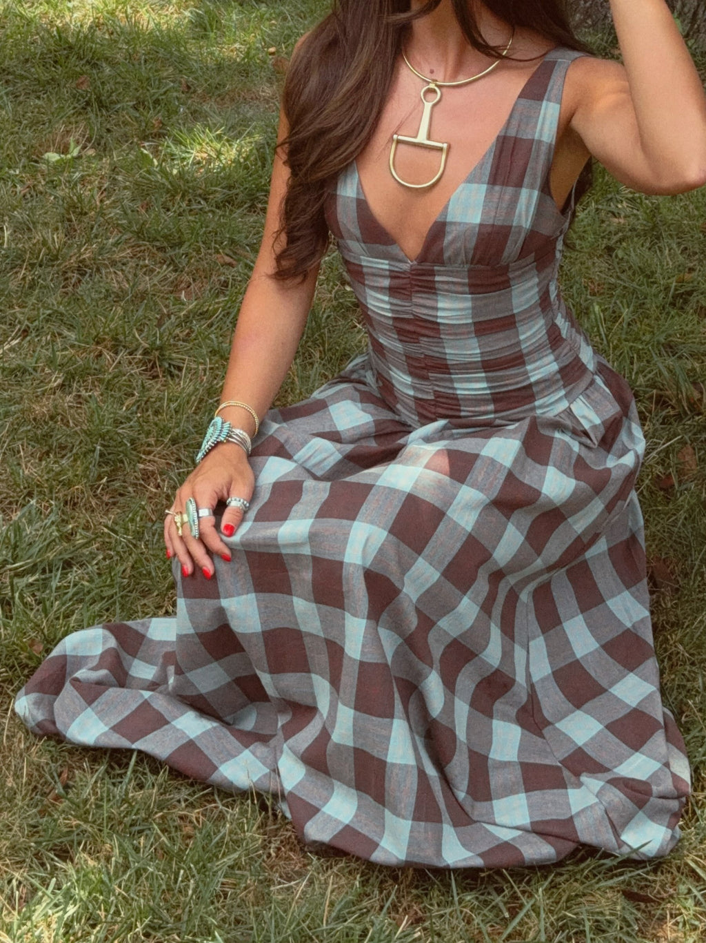 Plaid Ruched Drop-Waist Maxi Dress