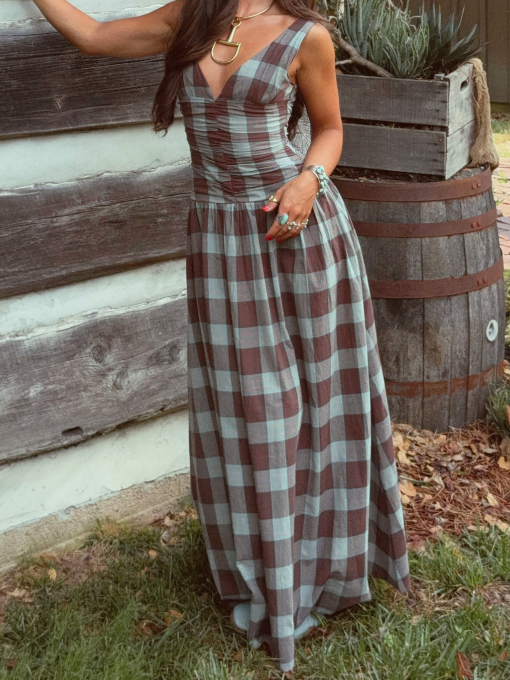Plaid Ruched Drop-Waist Maxi Dress