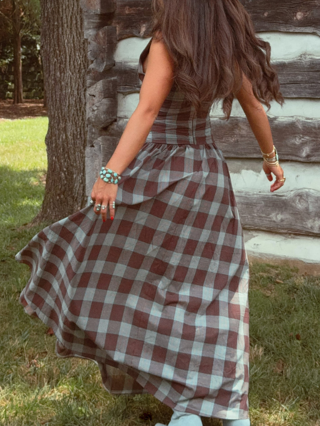 Plaid Ruched Drop-Waist Maxi Dress