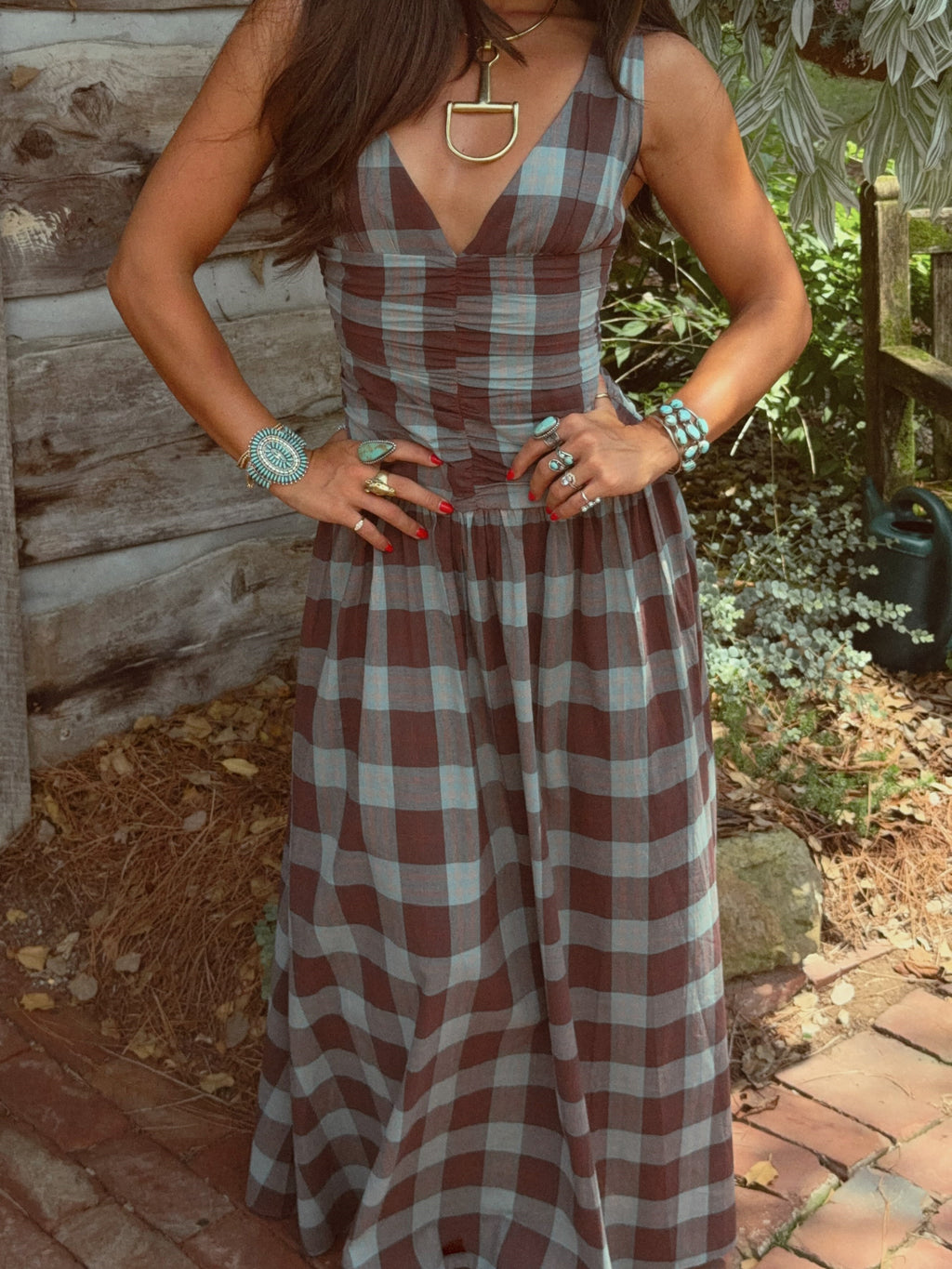 Plaid Ruched Drop-Waist Maxi Dress
