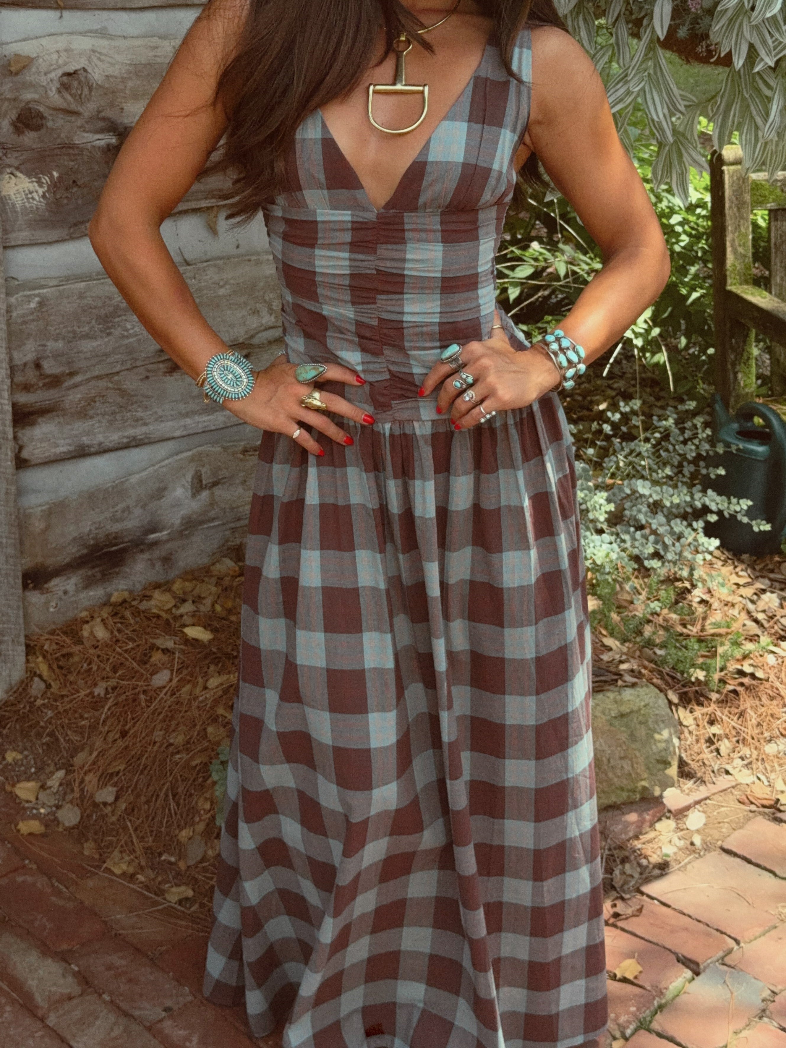 Plaid Ruched Drop-Waist Maxi Dress