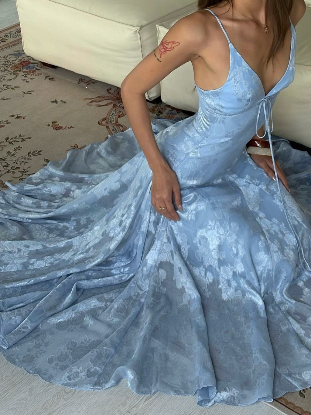 Light Blue Floral Drawstring Maxi Dress