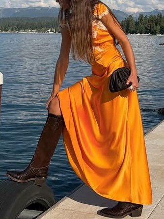 Tangerine Lace Trim Halter Maxi Dress