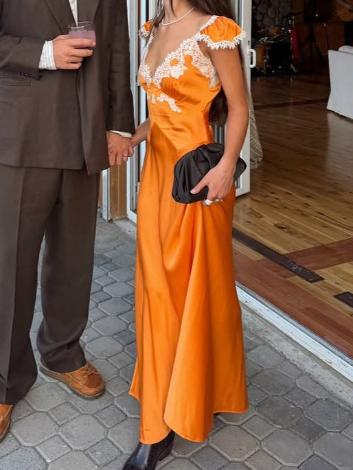Tangerine Lace Trim Halter Maxi Dress