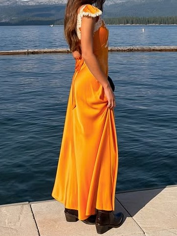 Tangerine Lace Trim Halter Maxi Dress