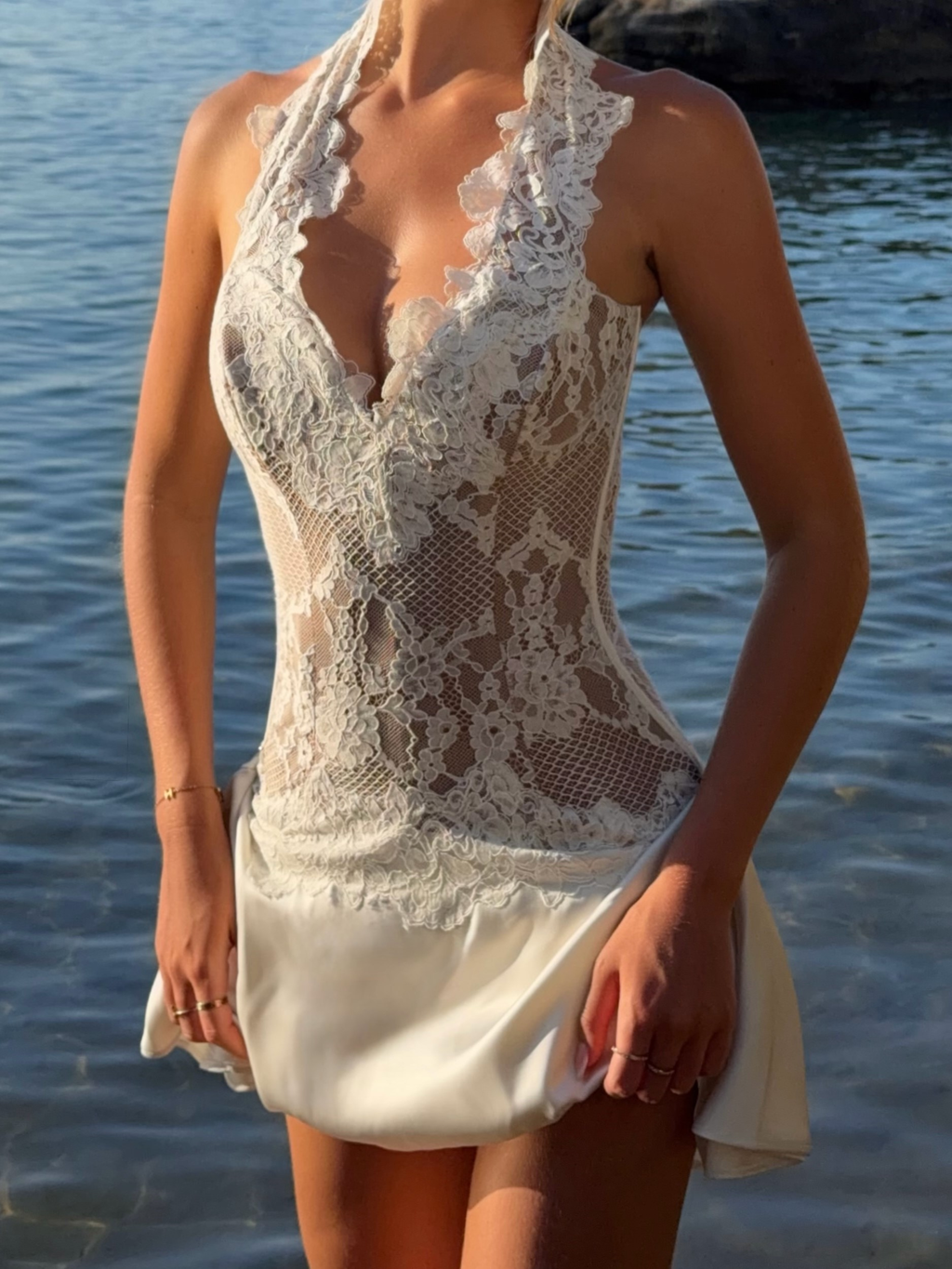 White Lace Halter Mini Dress