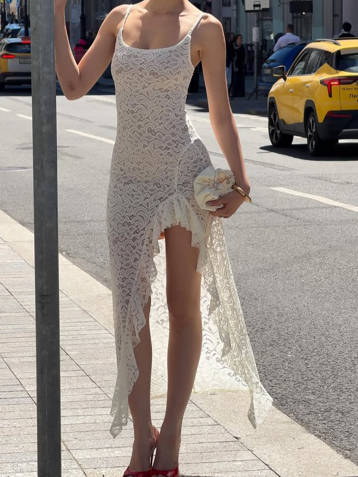 White Lace Asymmetric Ruffle Maxi Dress