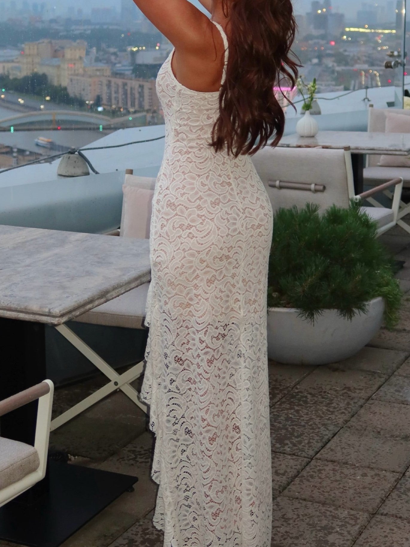 White Lace Asymmetric Ruffle Maxi Dress