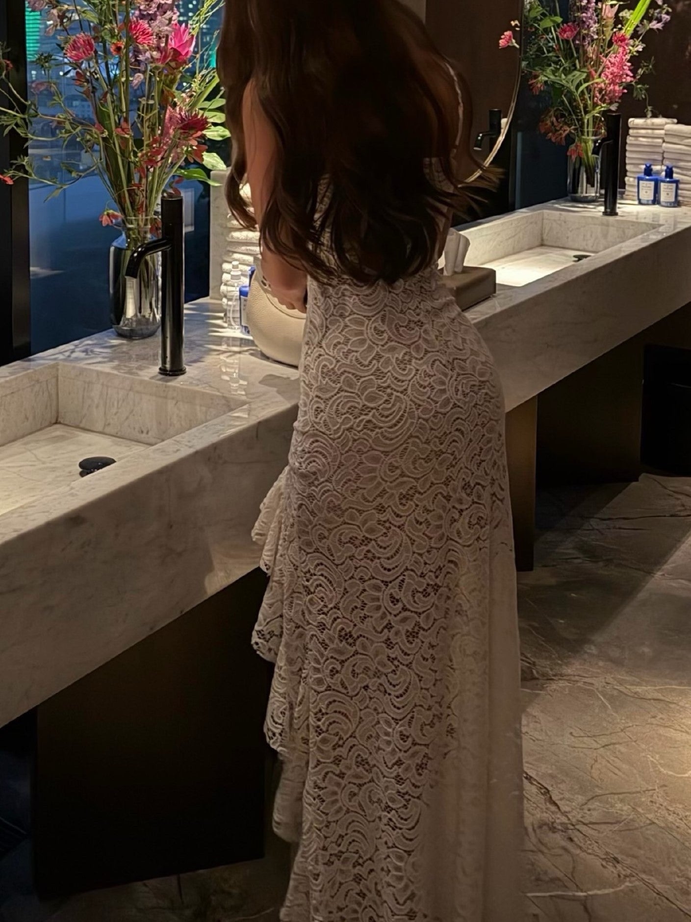 White Lace Asymmetric Ruffle Maxi Dress