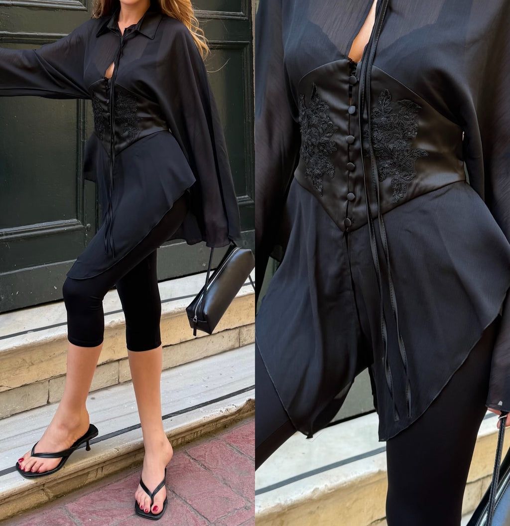 White Sheer Tie-Front Corset Blouse