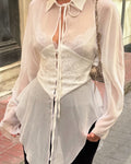 White Sheer Tie-Front Corset Blouse