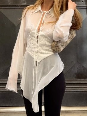 White Sheer Tie-Front Corset Blouse