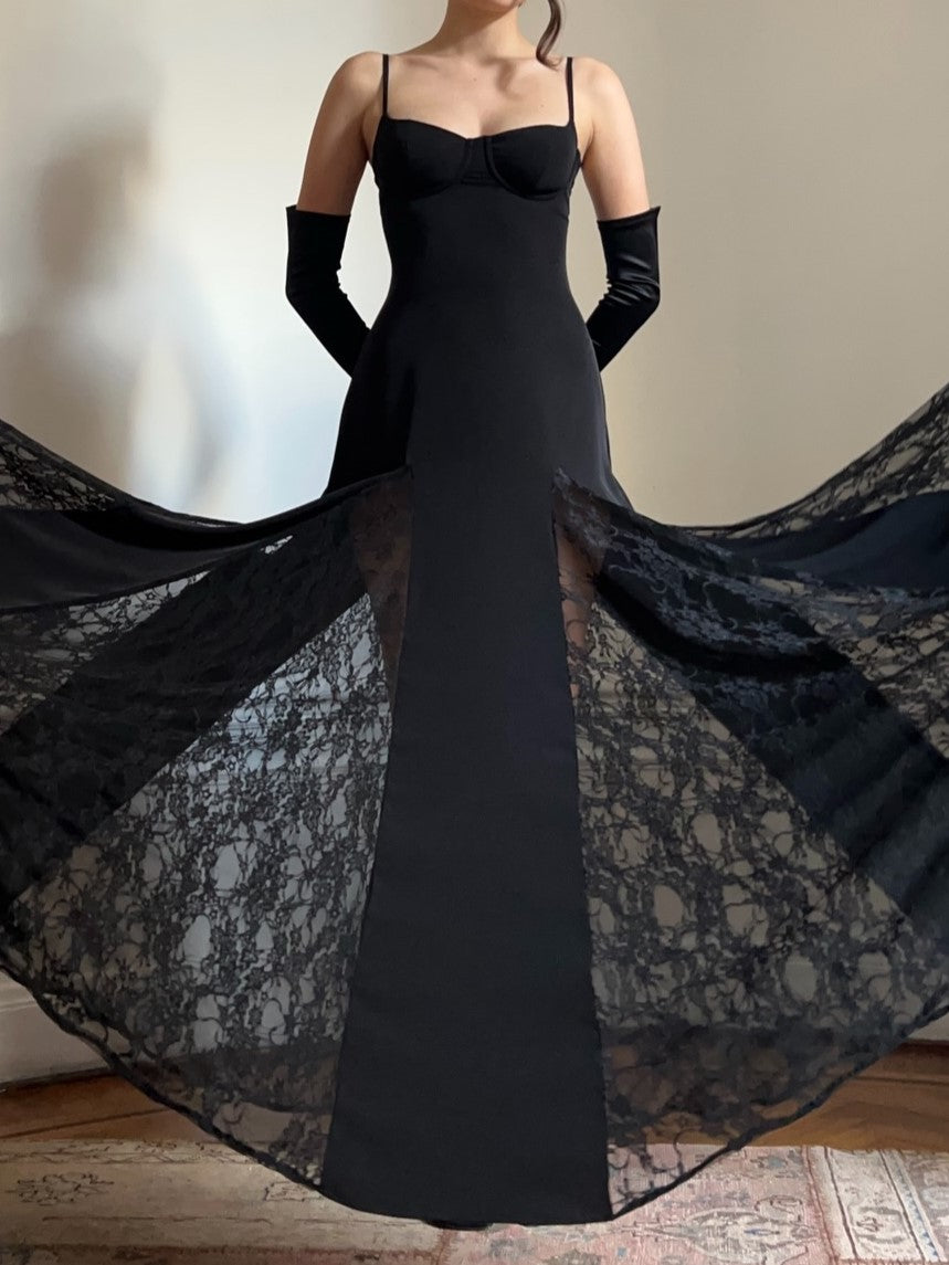 Black Lace Panel Sleeveless Gown
