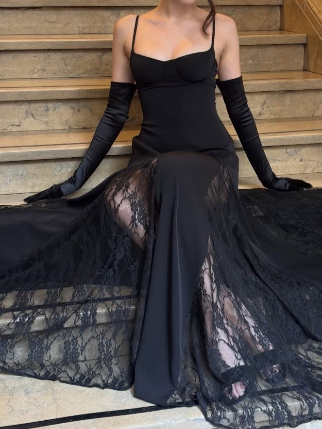 Black Lace Panel Sleeveless Gown
