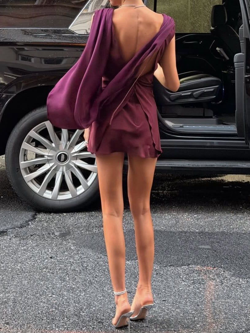 Burgundy Satin Draped Mini Dress