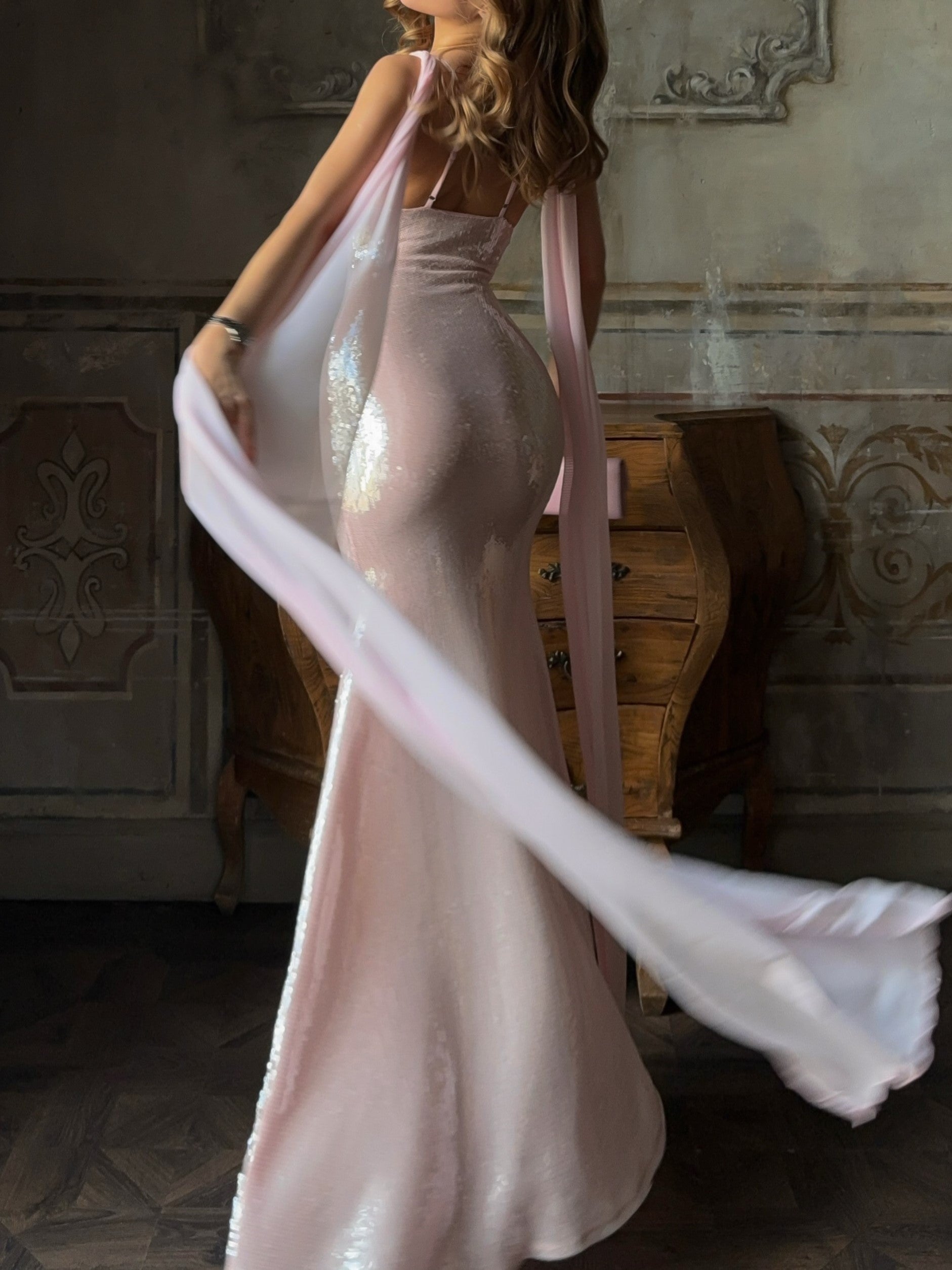 Pink Draped Sleeve Sequin Mermaid Dress