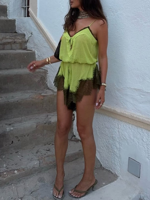 Lime Green Lace Trim Mini Dress