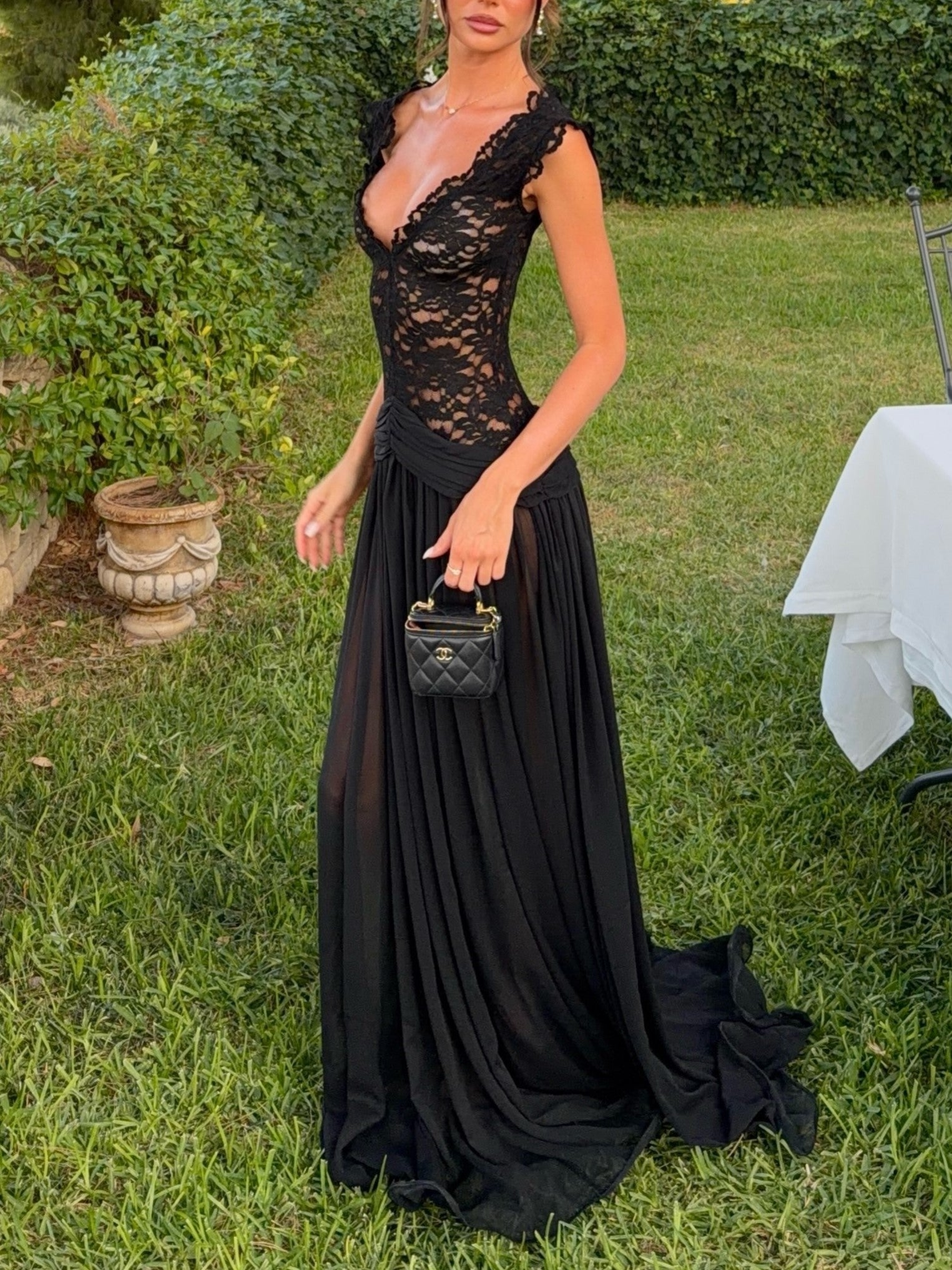 Black Lace Tulle Flowy Maxi Dress