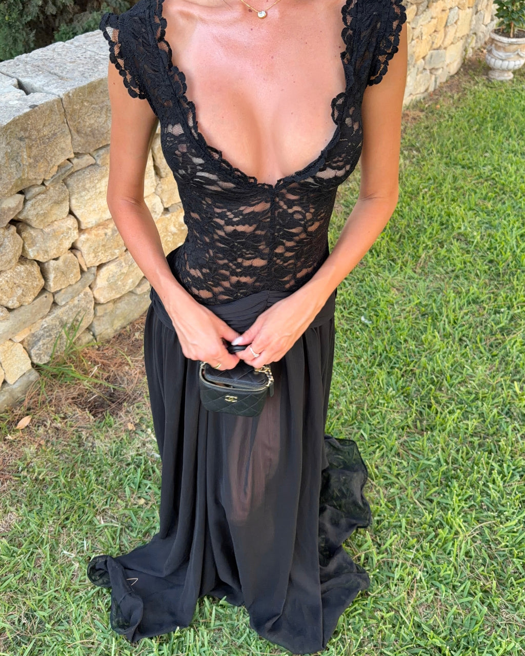 Black Lace Tulle Flowy Maxi Dress